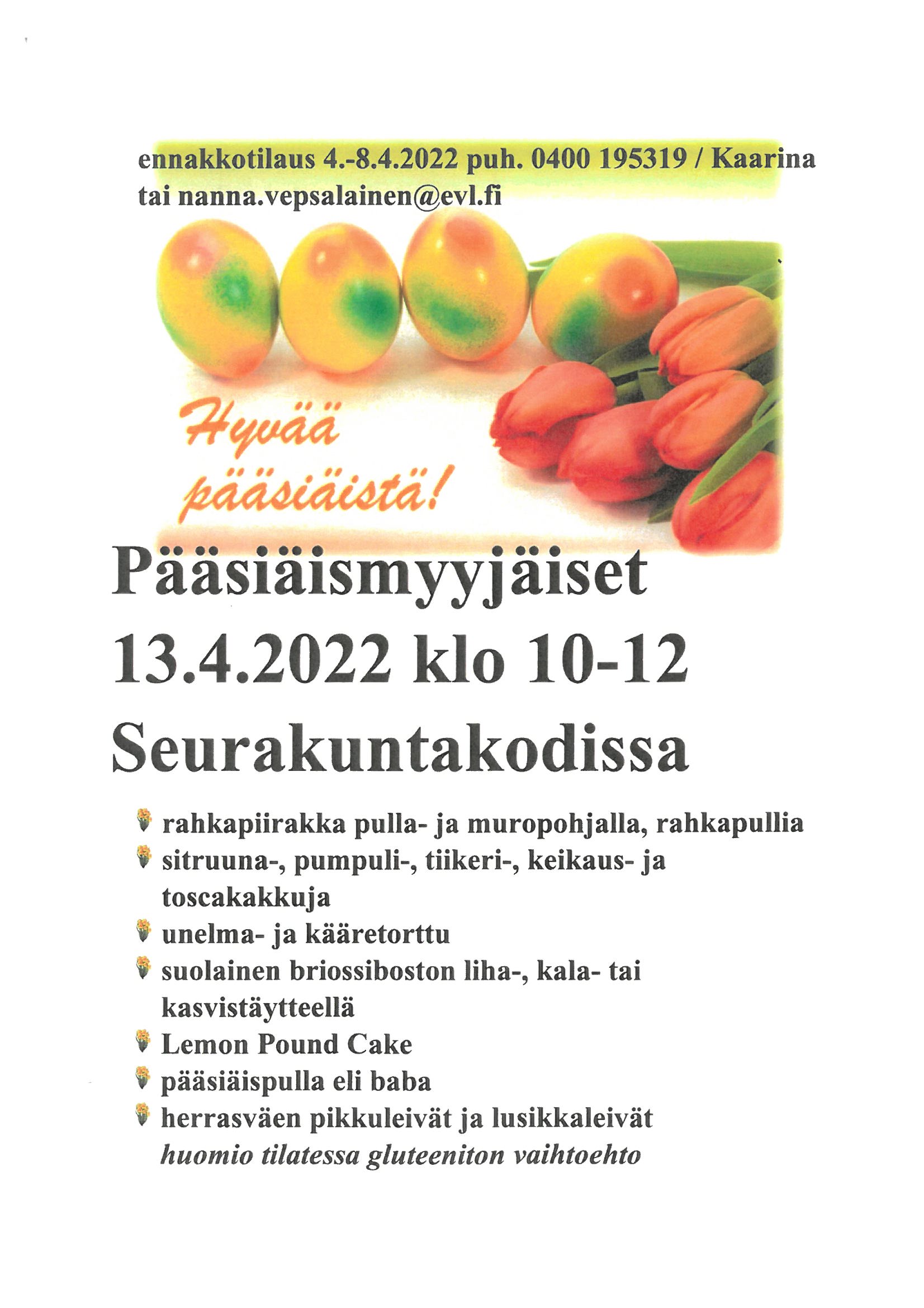 Pääsiäismyyjäiset 13.4.2022 klo 10-12 srk-kodissa 