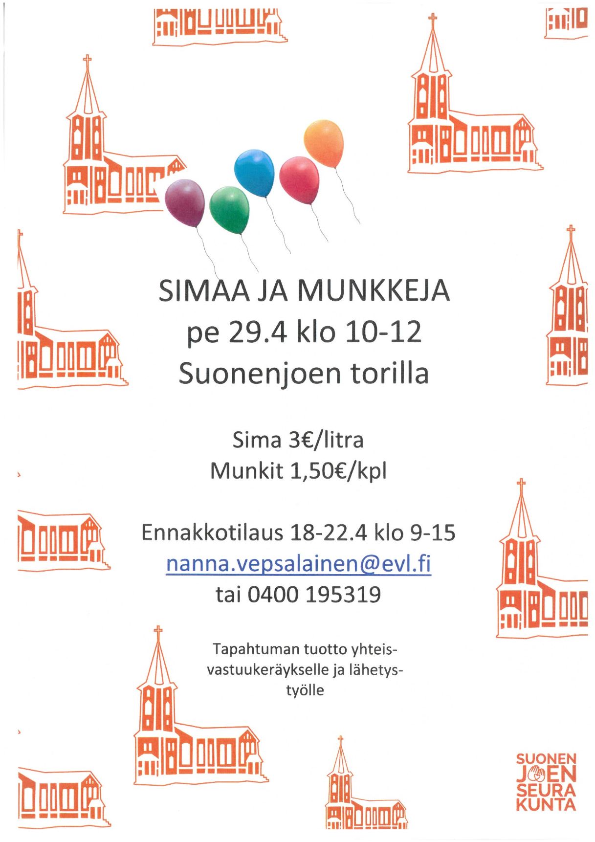 Suonenjoen seurakunnan mainos siman ja munkkien mynnistä torilla pe 29.4.