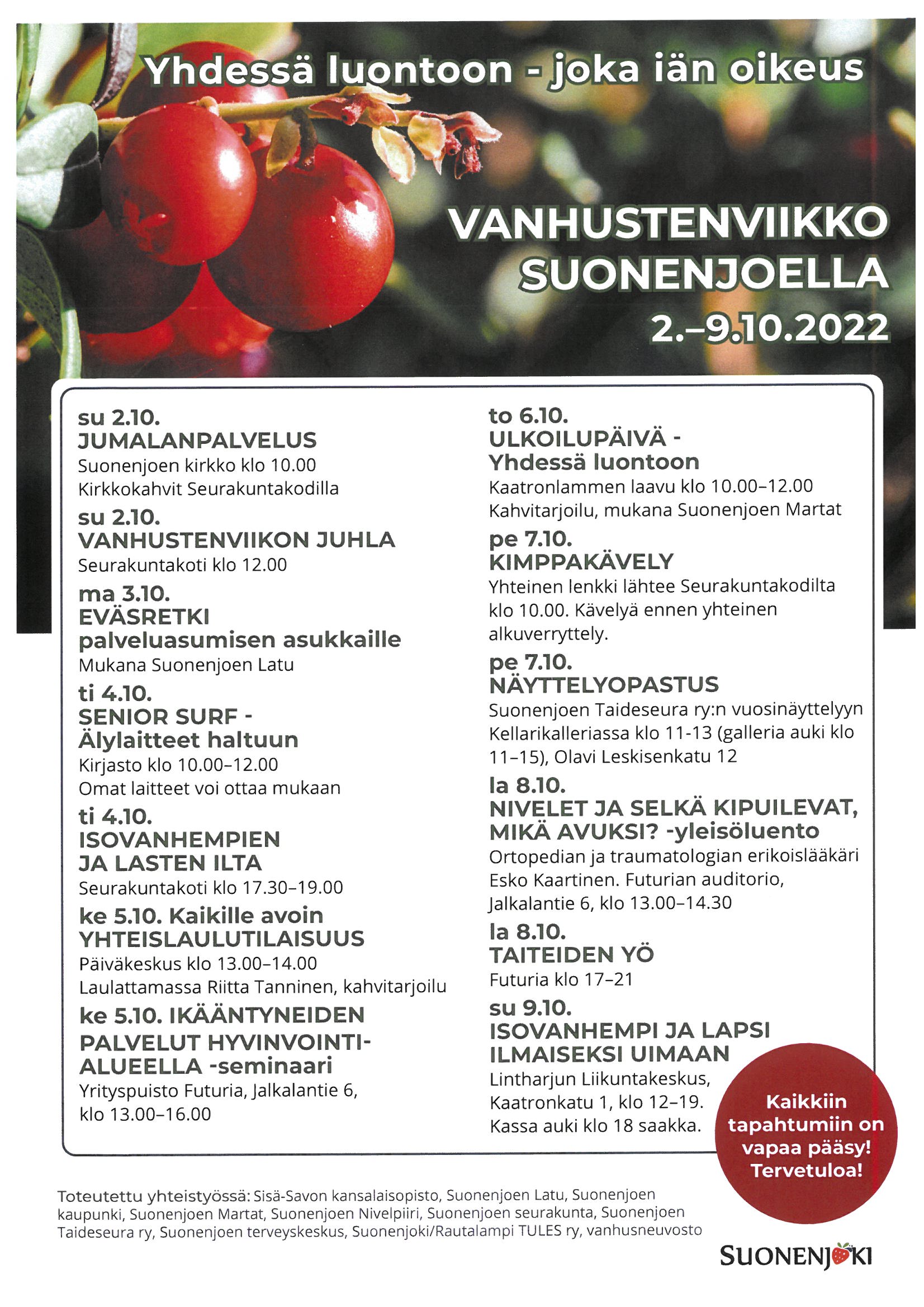 Messu 2.10.2022 klo 10 kirkossa ja vanhustenviikon juhla seurakuntakodissa