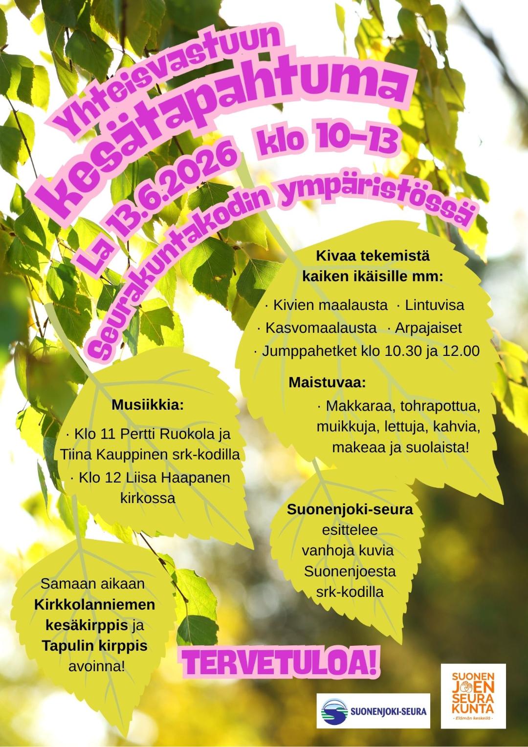 Kuvassa kerrotaan mitä yhteisvastuun kesätapahtumassa tapahtuu. Musiikkia, ostettavaa, jumppaa ym. kivaa tekemistä koko perheelle.